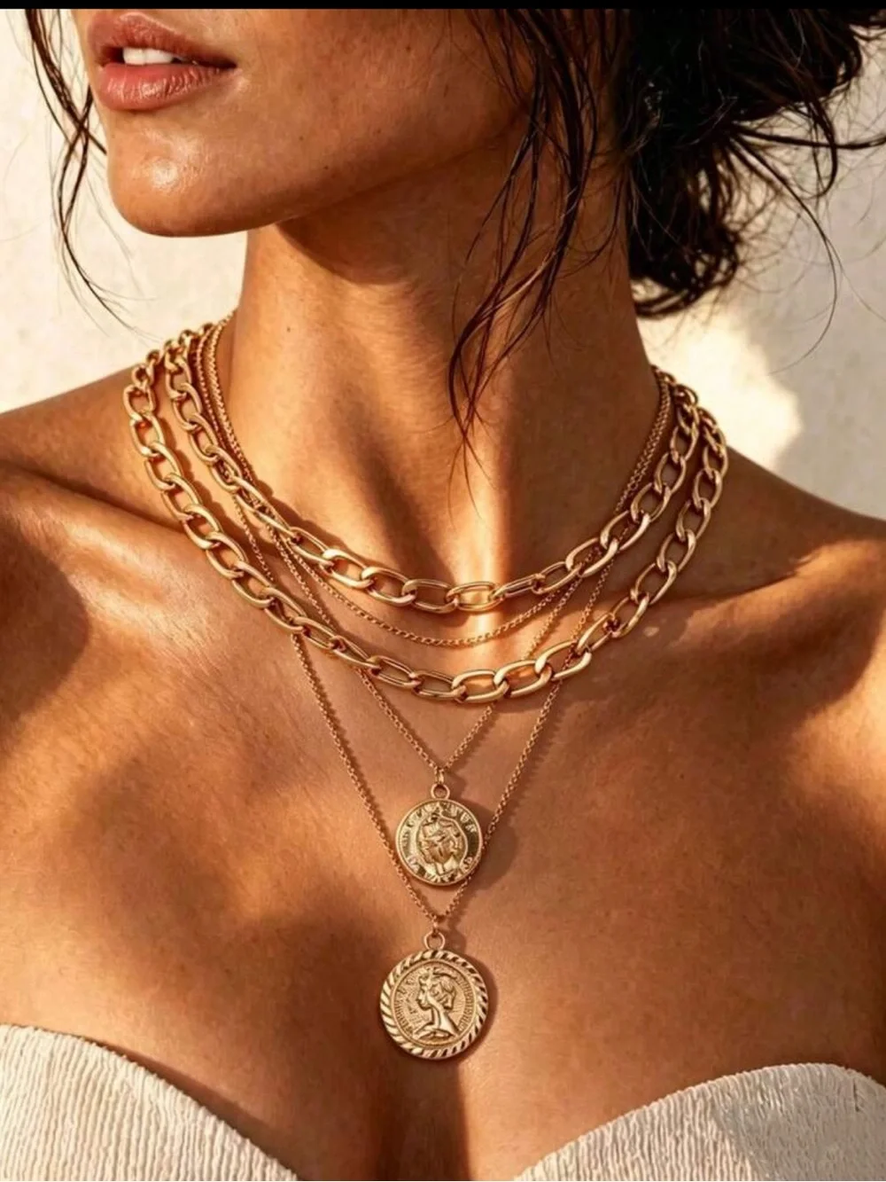 Vintage Style Gold Coin Layered Necklace Multi Strand Medallion Necklace